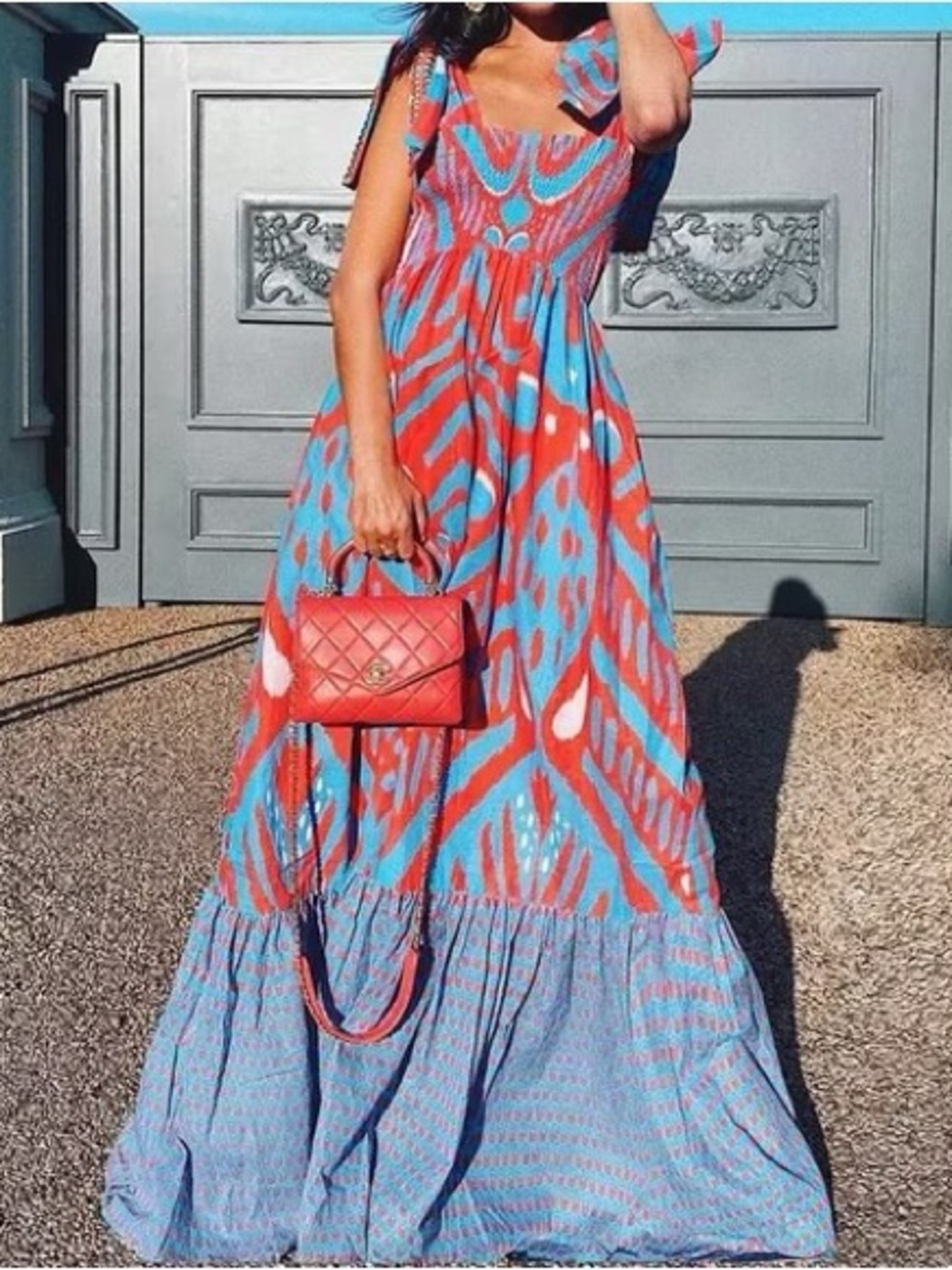 Sheridan French Kelly Tiered Maxi Dress in Red + Blue Ikat